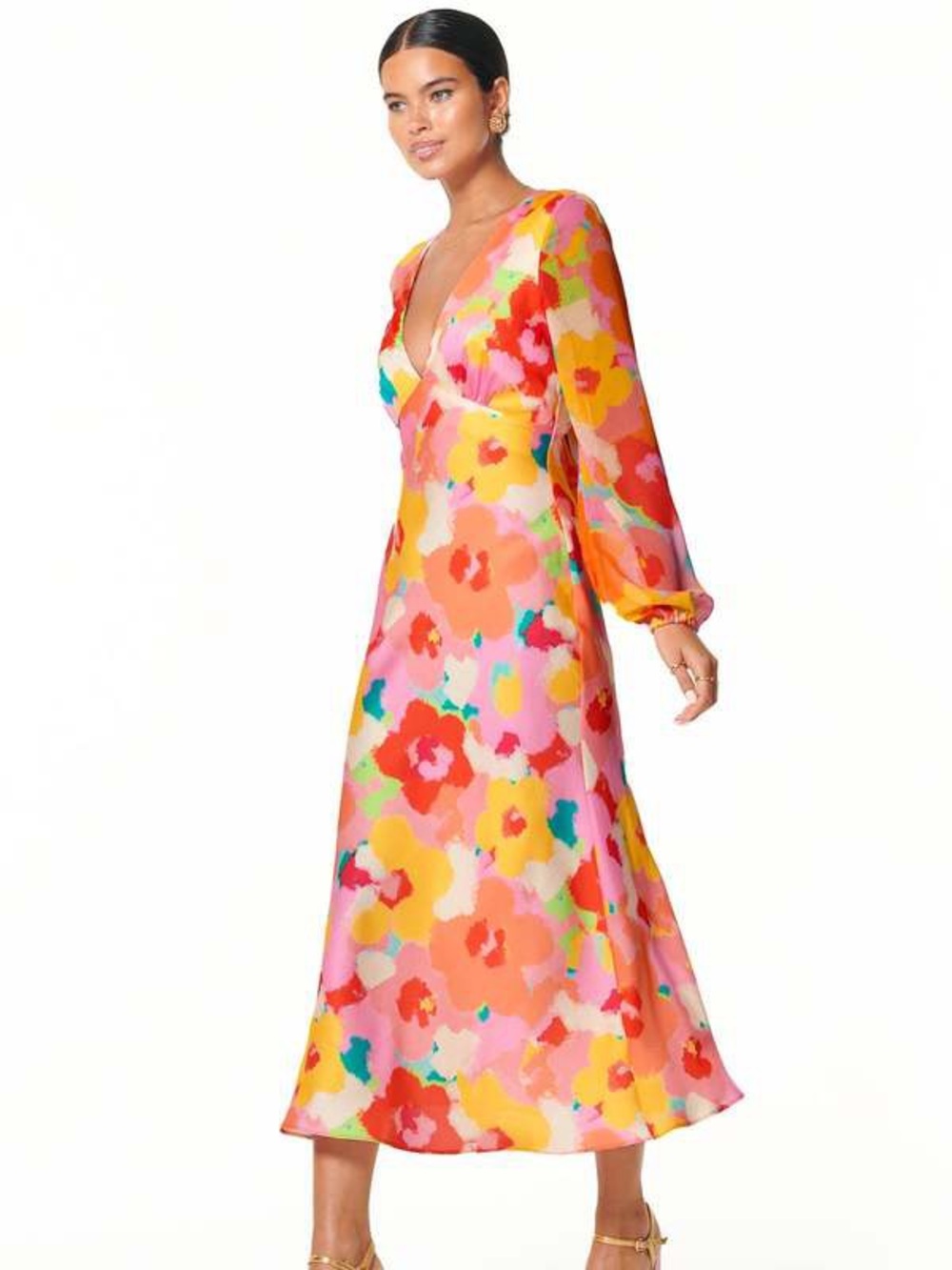 Never Fully Dressed Pink Multi Floral V-Neck Long Sleeve Midi Dress